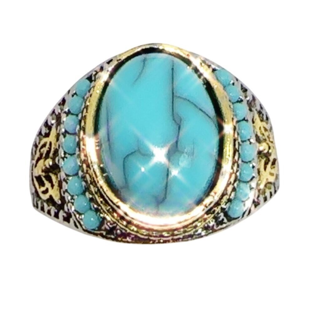 Turquoise Ring Gold and Silver Tone Unisex Size 9-11 - Picture 2 of 16
